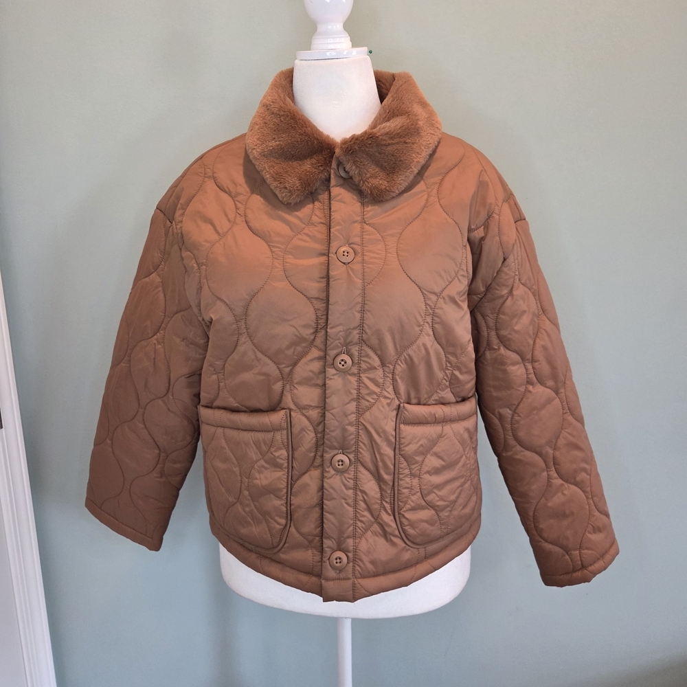 OFFLINE by Aerie Real Luxe Quilted Puffer Jacket Faux Fur Collar Brown Small - Picture 2 of 12
